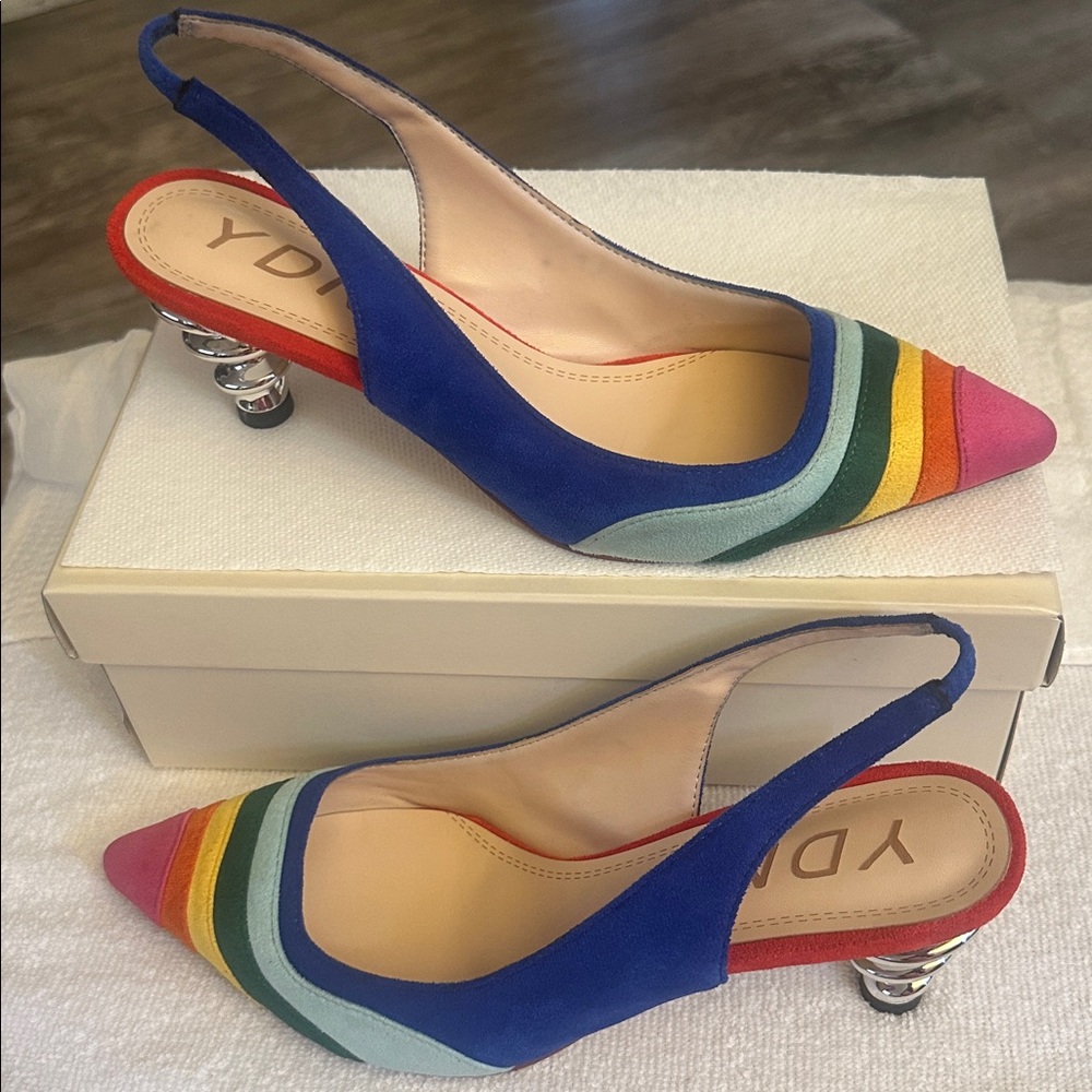 YDN Size 9 Multicolor Slingback Pointed Toe Heels
